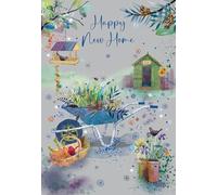 Cherry Orchard | Happy New Home Card | New Home Congratulations Card | Artistic Gardening Design | Wheelbarrow & Potting Shed | Gold Foil Finish | Complete with Envelope