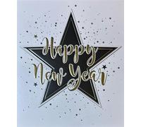 Cherry Orchard Happy New Year Card, Black Star Design with Gold Foil Sparkle, Modern Festive Greeting Card