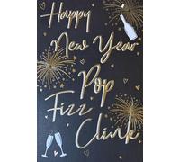 Cherry Orchard Happy New Year Card, Pop Fizz Clink Design with Gold Foil Lettering, Black Background, Champagne and Fireworks Celebration Theme