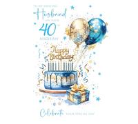 Cherry Orchard | Husband 40th Birthday Card | Stylish Blue & Gold Birthday Cake & Balloons | Shiny Foil Font | Luxury Insert | Heartfelt verse