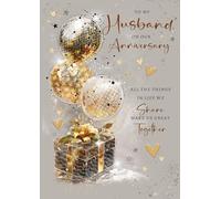 Cherry Orchard | Husband Anniversary Card | Large Anniversary Card for Husband | Stylish Presents & Balloons Design | Gold Foil Text & Details | Luxury Page Insert | Complete with Envelope