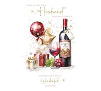 Cherry Orchard Husband Birthday Card, Red Wine and Balloon Design from the Birthday Bliss range, complete with Envelope & A Gold foil Finish border