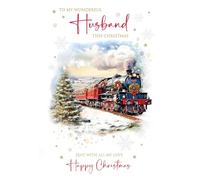 Cherry Orchard | Husband Christmas Card | Christmas card for Husband | Festive Steam Train Design | Shimmering Gold Foil Stars, & Snowflakes | Luxury insert & Sentimental Verse