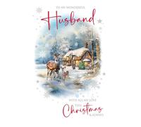Cherry Orchard | Husband Christmas Card | Festive Christmas card for Husband | Snowy Winter Cottage scene with Reindeer | Gold Foil Stars & Snowflakes | Sentimental Verse | Complete with Envelope