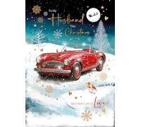 Cherry Orchard | Husband Christmas Card | Large Christmas card for Husband | Classic Red Sports Car Winter Scene | Gold Foil Stars, Hearts & Snowflakes | Luxury insert & Heartfelt Verse