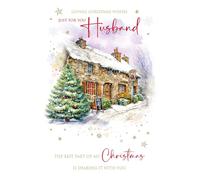 Cherry Orchard | Husband Christmas Card | Large Christmas card for Husband | Romantic snowy pub scene | Gold Foil Snowflakes | Luxury insert & Sentimental Verse