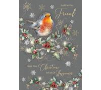 Cherry Orchard 'Just for You Friend' Christmas Card from Cute Little Robin sat on Holly, Artistic design from the Gorgeous Grace range, Comes complete with gold envelope.