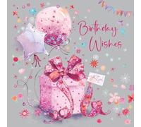 Cherry Orchard Ladies Birthday Card, Birthday Wishes, charming pink gift and vibrant balloons design, complete with envelope