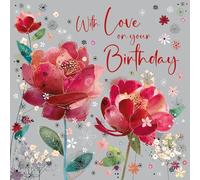 Cherry Orchard Ladies Birthday Card, With Love on your Birthday, charming pink flowers with gold foil finish, complete with envelope