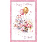 Cherry Orchard Ladies Happy Birthday Card, Birthday card for Her, Cupcakes & Balloons, Gorgeous Foil Border from the Birthday Bliss range.