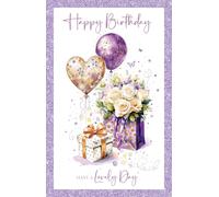 Cherry Orchard Ladies Happy Birthday Card, Birthday card for Her, Grogeous White Roses & Balloons, Purple Foil Border from the Birthday Bliss range.