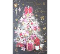 Cherry Orchard Large Christmas Card, White and Pink Tree with Gold Foil Accents, Festive Nan Greeting Card with Envelope