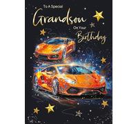 Cherry Orchard | Large Grandson Birthday Card | Birthday Card for a Special Grandson | Vibrant Orange Super Car Racing Design |Gold Foil Stars | Luxury Insert |Complete with Envelope