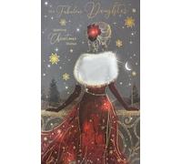 Cherry Orchard Large Luxury Christmas Card for Daughter, Sparkling Red Gown Design with Gold Foil, Glitter, 3-Page Insert