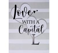 Cherry Orchard Love with a Capital L Greeting Card, Black Text on Striped Background, Embossed Hearts Design, Blank Inside