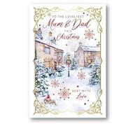Cherry Orchard Loveliest Mum and Dad Christmas Card - Snowy Winter Village Scene with Embossed Foil Details