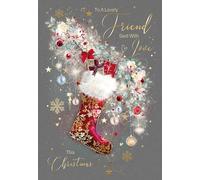 Cherry Orchard Lovely Friend Christmas Card, Artistic Chrsitmas Stocking design from the Gorgeous Grace range, from Printed on a luxury Grey card, with gold foil text and finishes.