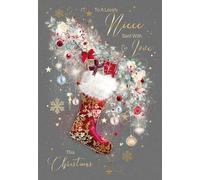 Cherry Orchard 'Lovely Niece' Christmas card,Artistic Stocking design, From the Gorgeous Grace range, finished with gold foil detail, comes complete with Gold envelope.