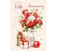 Cherry Orchard Luxurious Large Wife Anniversary Card Beautiful Red Roses and GIfts Finished with Gold Foil Text and Luxury Insert