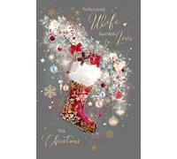 Cherry Orchard Luxurious Wife Christmas card, With double page insert. Artistic Christmas stocking design from the Gorgeous Grace range, complete with Gold envelope and finished with Gold foil details