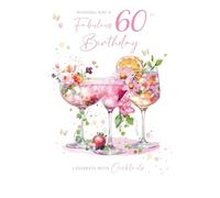 Cherry Orchard Luxury 60th Birthday Card for her, Fabulous Milestone Birthday card From, Cocktail design finished with Beautiful pink foil,