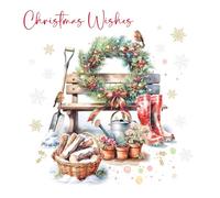 Cherry Orchard | Luxury Christmas Card | Christmas Wishes | Charming Rustic Design - Wreath, Robin & Wellies | Gold Foil Finish | Complete with Envelope