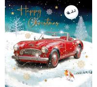 Cherry Orchard | Luxury Christmas Card | Christmas Wishes | Red Classic Car, Robin & Moonlit Winter Scene | Gorgeous Gold Foil Finish | Complete with Envelope