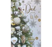 Cherry Orchard Luxury Christmas Card for Dad and Wife, Gold and Silver Foiled Snowflakes Design with Decorated Tree