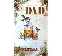 Cherry Orchard Luxury Christmas Card for Dad, Whiskey Decanter Design with Gold Foil Stars, Holly and Pinecones, Traditional Festive Style