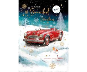 Cherry Orchard | Luxury Christmas Card for Grandad | Striking Red Classic Car Winter Scene | Gold Foil Finish | Complete with Envelope