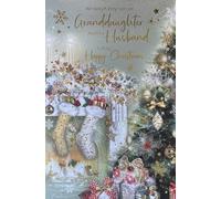 Cherry Orchard Luxury Christmas Card for Granddaughter and Husband, Gold Foiled Fireplace Design with Tree, Traditional Holiday Greeting
