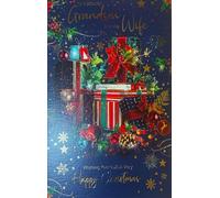 Cherry Orchard Luxury Christmas Card for Grandson and Wife, Deep Blue with Gold Foil, Festive Presents and Baubles Design