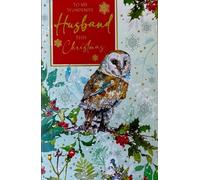 Cherry Orchard Luxury Christmas Card for Husband, Festive Winter Owl Design with Holly, Gold Foil Accents, Snowflakes