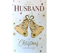 Cherry Orchard Luxury Christmas Card for Husband, Gold Foil Bells Design with Embossed Details, Sentimental Message