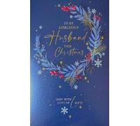 Cherry Orchard Luxury Christmas Card for Husband, Navy Blue with Gold Foil, Festive Wreath Design, Romantic Message