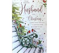 Cherry Orchard Luxury Christmas Card for Husband, Winter Robins on Bench Design with Foil Accents, Sentimental Message