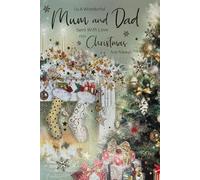 Cherry Orchard Luxury Christmas Card for Mum and Dad, Festive Fireplace Design with Gold Foiling, Stockings and Tree