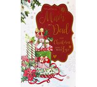 Cherry Orchard Luxury Christmas Card for Mum and Dad, Gold Foiled Design with Festive Gifts, Poinsettias, Holly