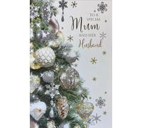 Cherry Orchard Luxury Christmas Card for Mum and Her Husband, Decorated Tree Design with Silver and Gold Foiled Snowflakes, Baubles and Pine Cones