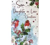 Cherry Orchard Luxury Christmas Card for Son and Daughter-in-Law, Winter Robin Design with Holly and Seasonal Florals, Snowflake Background