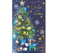 Cherry Orchard Luxury Christmas Card for Uncle, Navy and Gold Tree Design with Foil Stars, Special Message Inside
