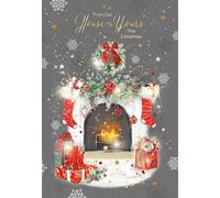 Cherry Orchard | Luxury Christmas Card Our House To Yours | To All Of You From All of Us | Festive Fireplace on an Elegant Grey Card | Gorgeous Gold Foil Finish