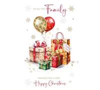Cherry Orchard | Luxury Christmas Card to All The Family | To All The Family This Christmas | Red & Gold Gifts & Balloons Design | Gorgeous Gold Foil Finish