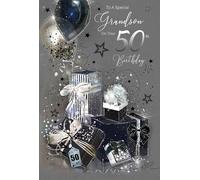 Cherry Orchard Luxury Grandson 50th Birthday Card with Modern presents & balloons design, Silver Foil Detailing and Silver Envelope