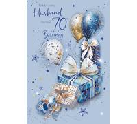 Cherry Orchard | Luxury Husband 70th Birthday Card | Blue & Gold Presents & Balloons | Gold Foil Stars | 70th Birthday card for Husband | Luxury Insert & Envelope