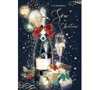 Cherry Orchard Luxury SON Christmas card, Artistic design with Champagne &Gifts, Gold foil finish, comes complete with Gold envelope.