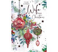 Cherry Orchard Luxury Wife Christmas Card, Red and Green Baubles Design with Foil Embellishments, Floral Winter Theme