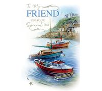 Cherry Orchard Male Friend 'Happy Birthday' Card - Attractive Artistic Design with Boats Moored in a Harbour - for Him