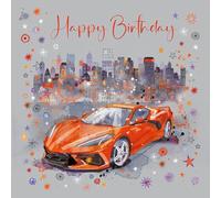 Cherry Orchard | Mens Birthday Card | Vibrant Orange Sports Car Birthday Card for modern car lover | Square Card | Gold Foil Finish | Comes with Envelope