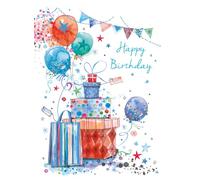 Cherry Orchard Mens Happy Birthday card for him, presents and balloons, and a scalloped edge from, complete with envelope